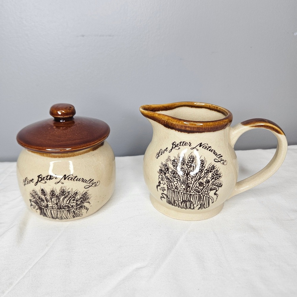 Vintage Enesco Live Better Naturally Wheat Creamer and Sugar Bowl Set Korea‎